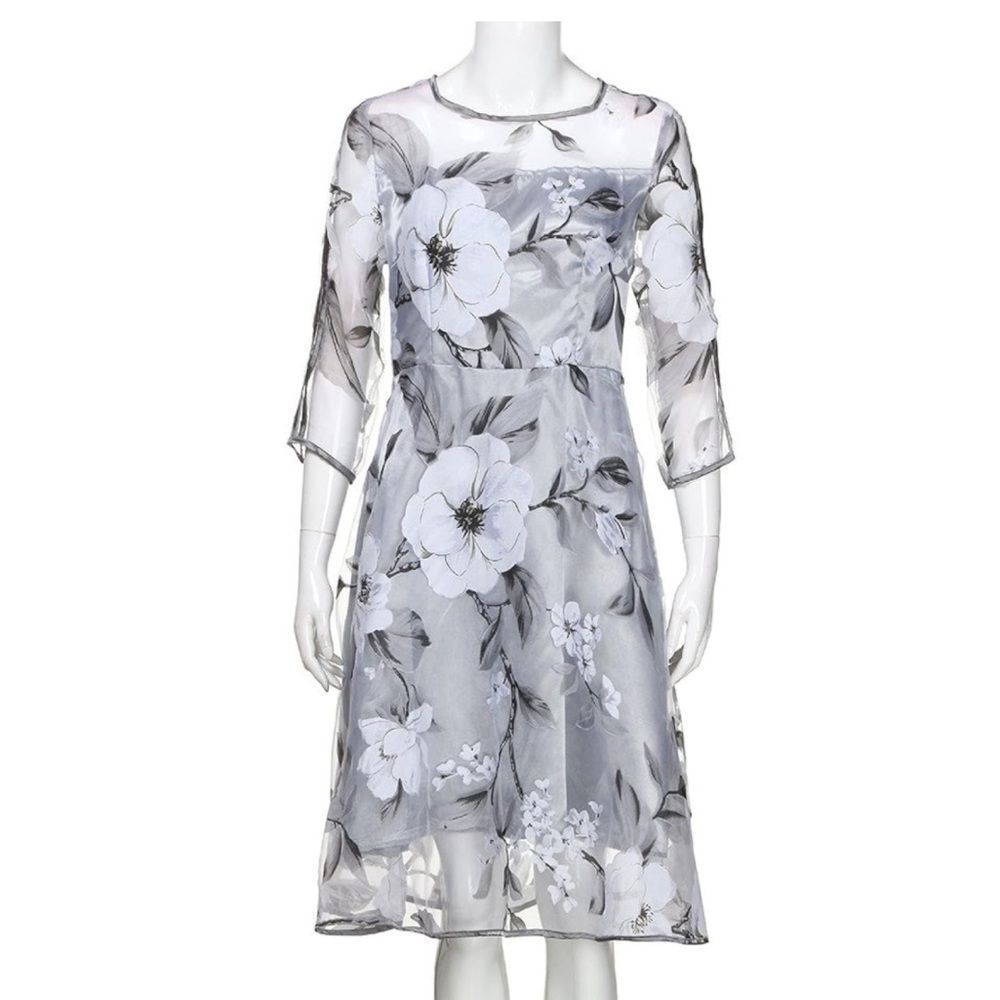 FashionMia Grey Floral Organza Dress Size Large